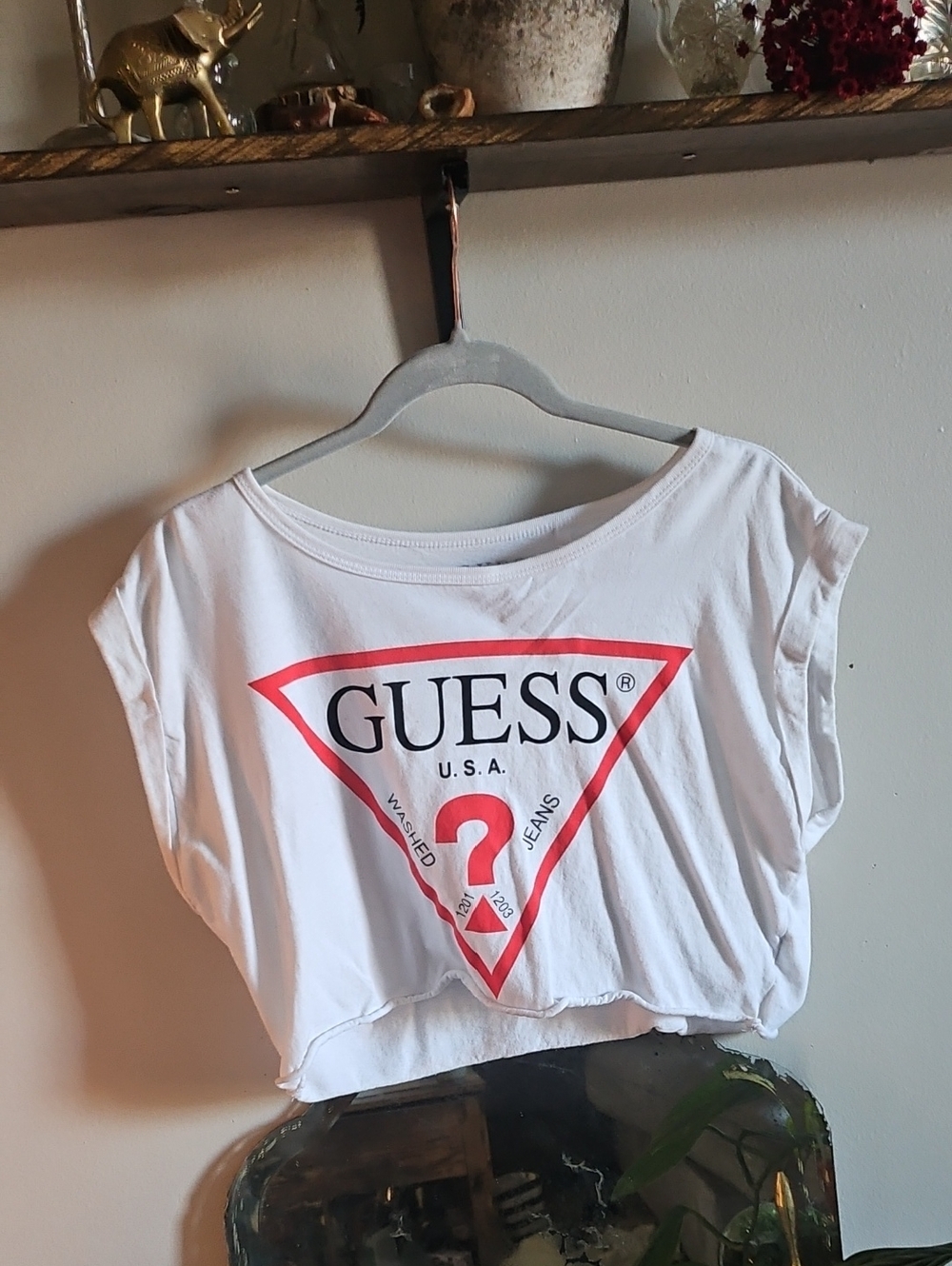 Guess White Cropped Logo Tee with Red Triangle